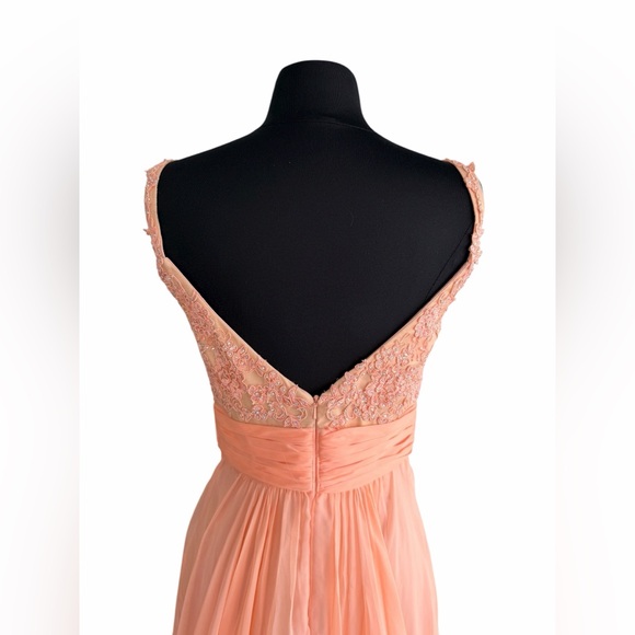 La Femme Apricot Beaded Chiffon Gown Size 6 Lace Bodice V-Neck Formal Prom Dress - Picture 5 of 10